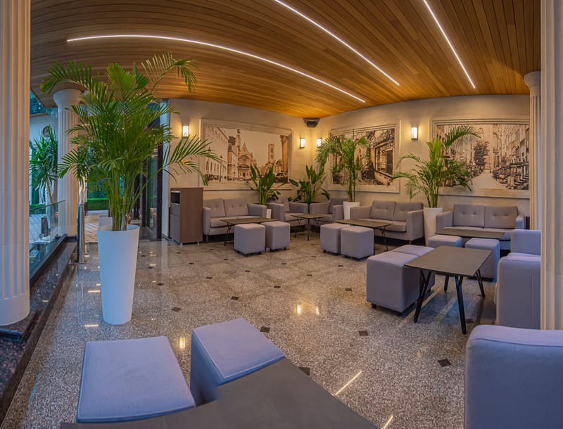 Zona lounge MiaDora cu canapele, plante și tavan din lemn, la apus